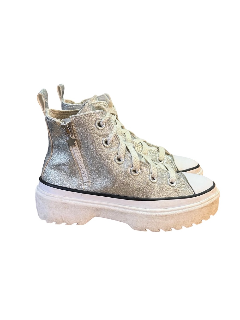 Converse Lugged Lift High Top Silver Glitter Platform Sneakers Zip Kids Size 1.5